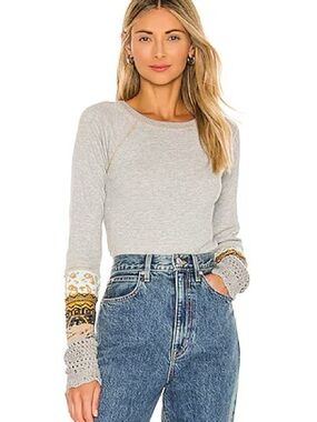 Free People | Heather Gray Long-Sleeve Top with Patterned Mix Cuffs Top